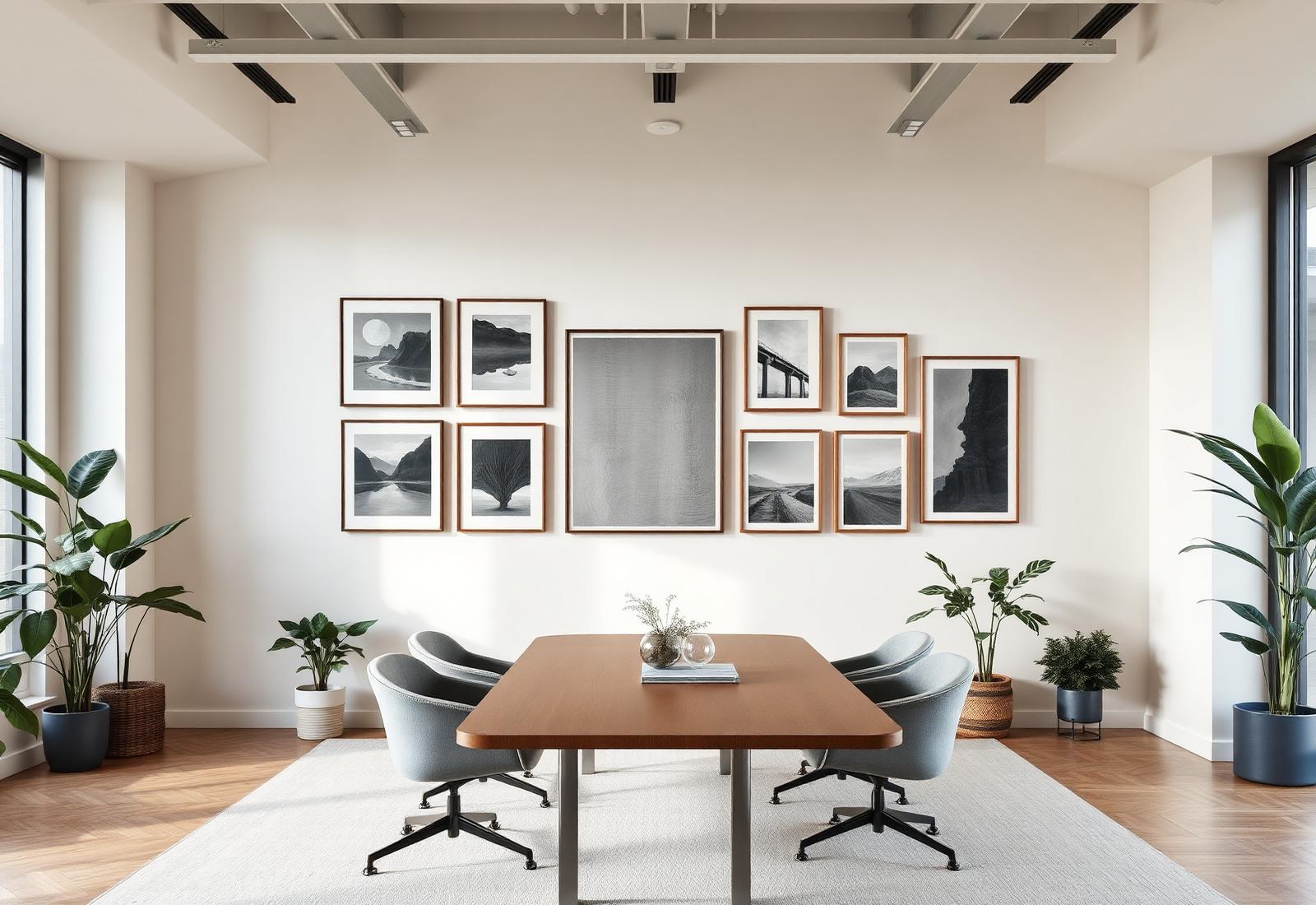 Rotating collection of framed artworks displayed in a modern meeting room